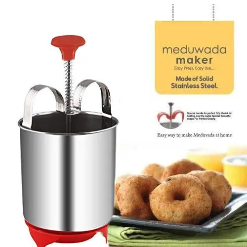Stainless steel vada maker, angled view Stainless steel vada maker, angled view